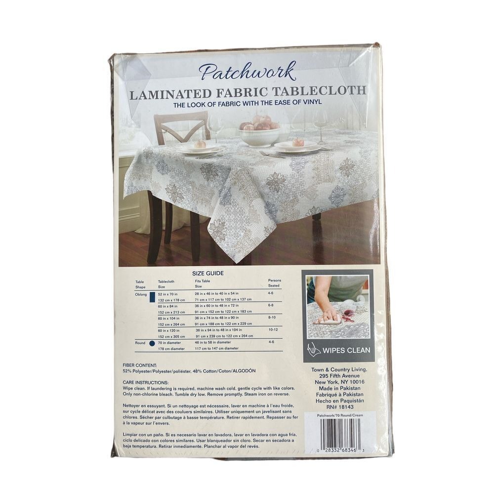 Town & Country Patchwork Tablecloth Round 70in Cream NWT Laminated Fabric Damask - Picture 2 of 2